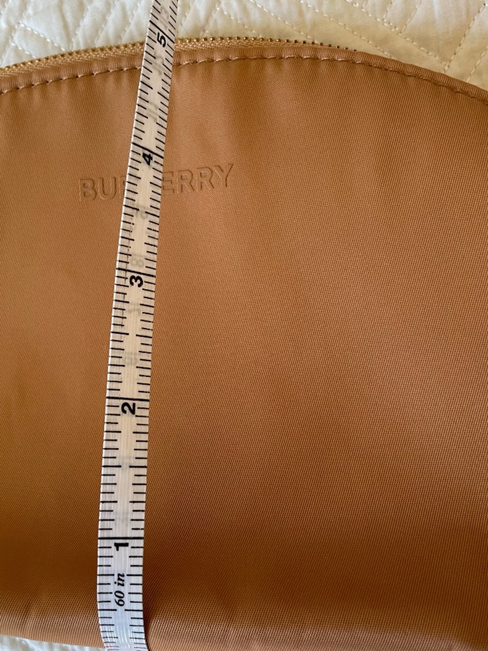 Burberry tan cosmetic pouch with gold tone zip-close and embossed BURBERRY logo - Picture 9 of 11